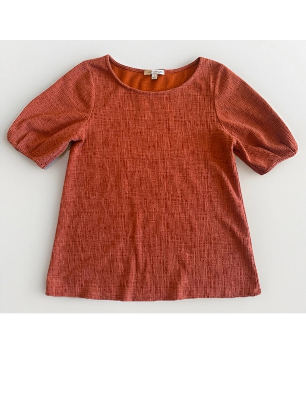 Green Envelope LA Burnt Orange Textured Puff Sleeve Top Size M Rust Knit Blouse